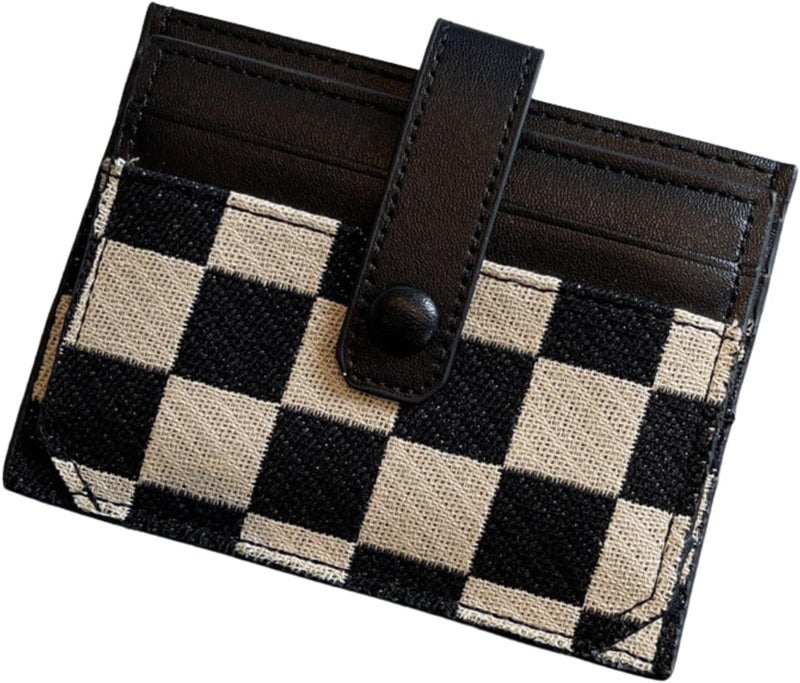 TURBOOST Cute Slim Card Holder Canvas Front Pocket Checkered Wallet, Small Credit Card Case for Women (Black) - Image 1